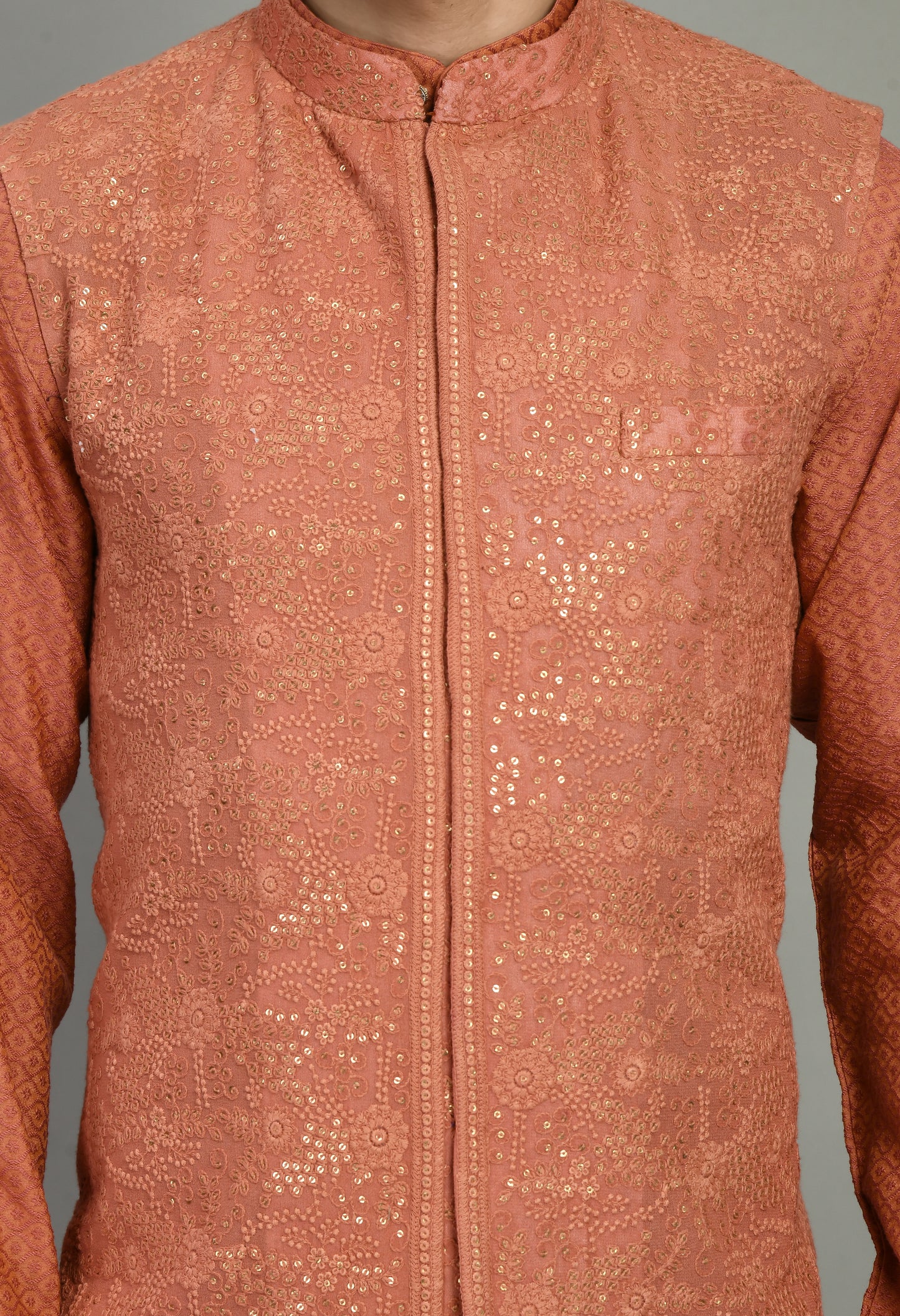 Back view - Men’s Nehru Jacket – Silk Georgette in Orange with Silk Thread and Sequins Embroidery