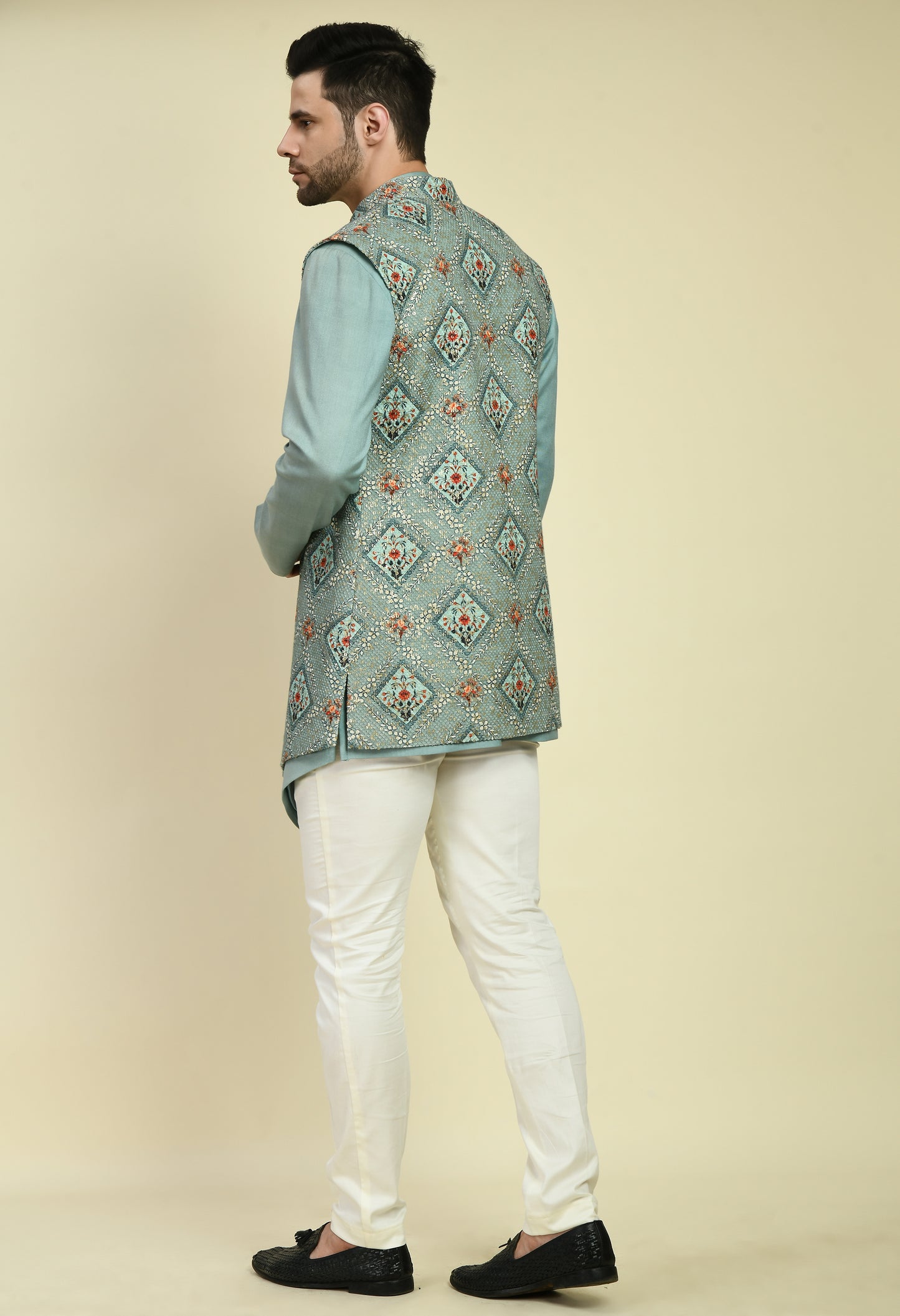 Detail view 4 - Men’s Nehru Jacket – Silk in Blue with Front Open Printed Jacket