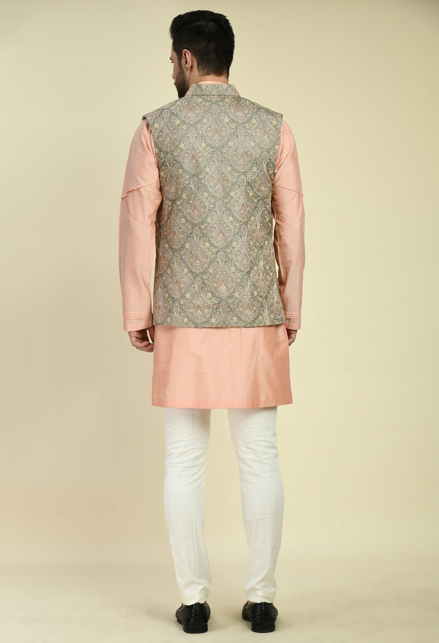 Side view - Men’s Kurta Set – Cotton Silk in Peach with Pintucks Abstract Design