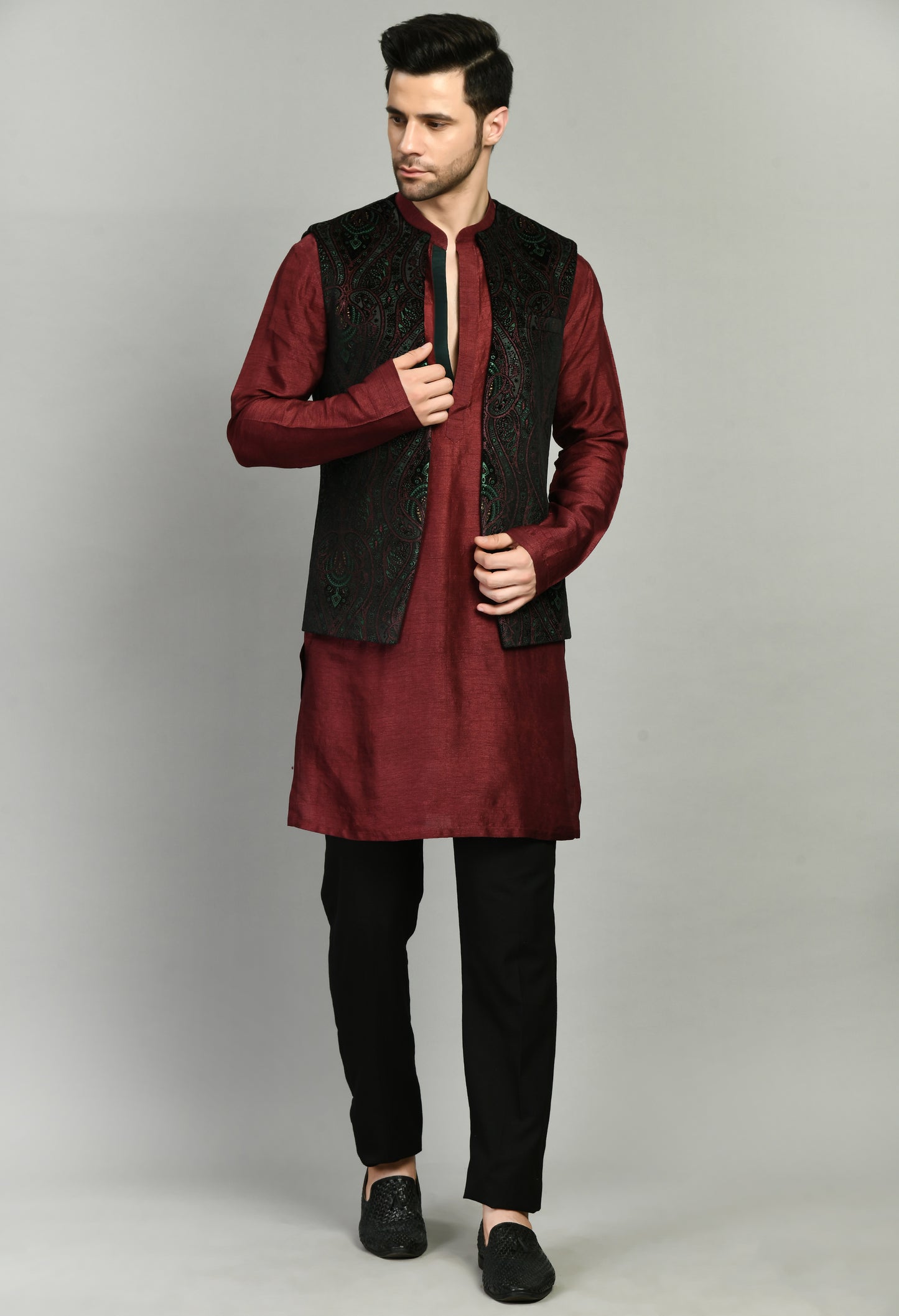 Side view - Men’s Nehru Jacket – Velvet Printed in Maroon with Front Open Design