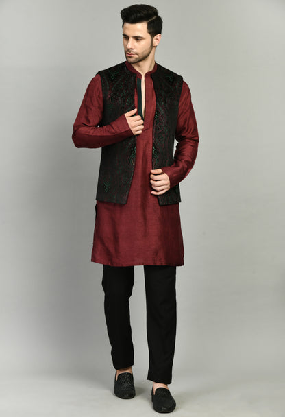 Men’s Nehru Jacket – Velvet Printed in Maroon with Front Open Design | One Man Show