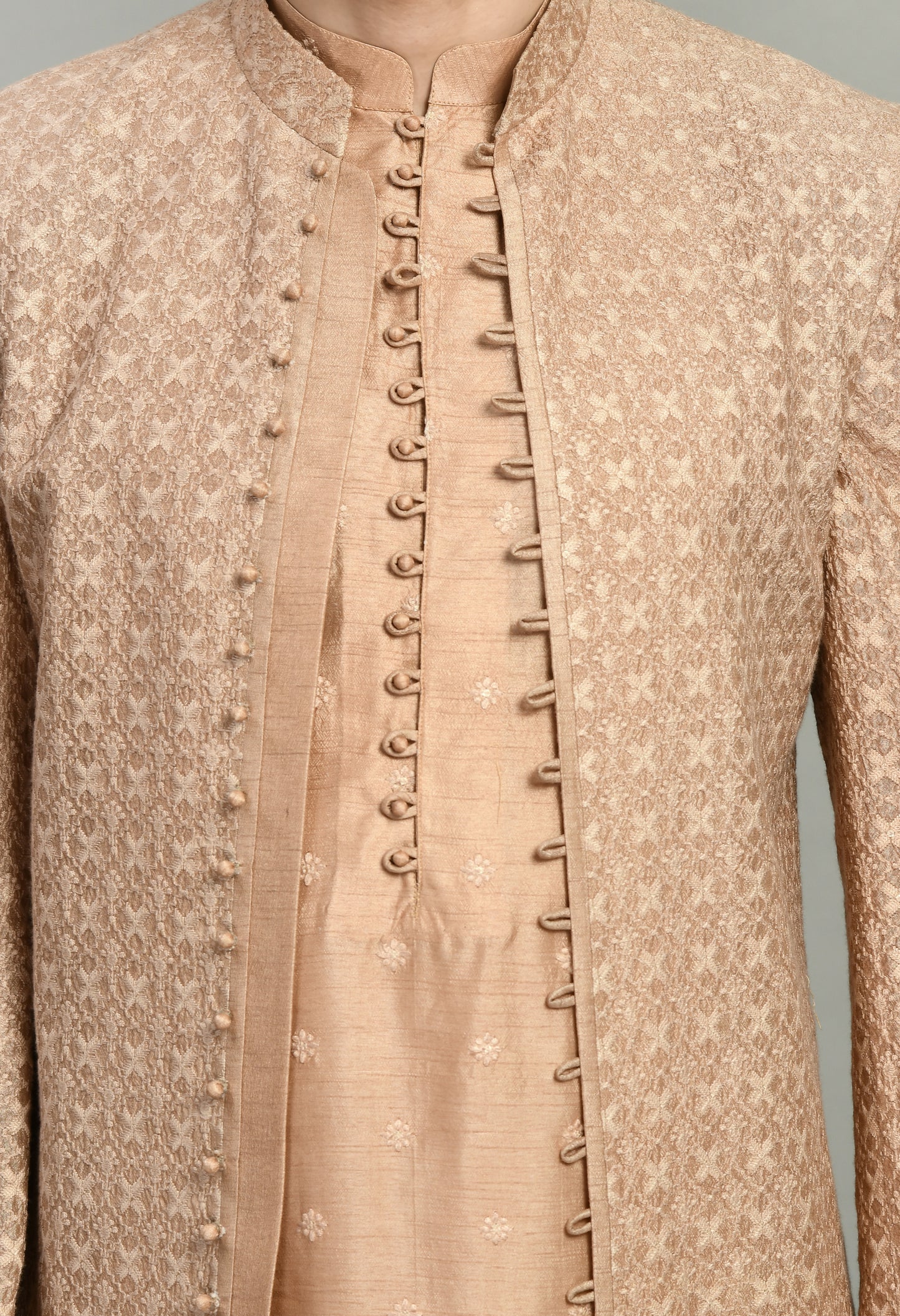 Men’s Nehru Jacket – Silk Georgette in Light Brown with Designer Kurta Sleeve | One Man Show