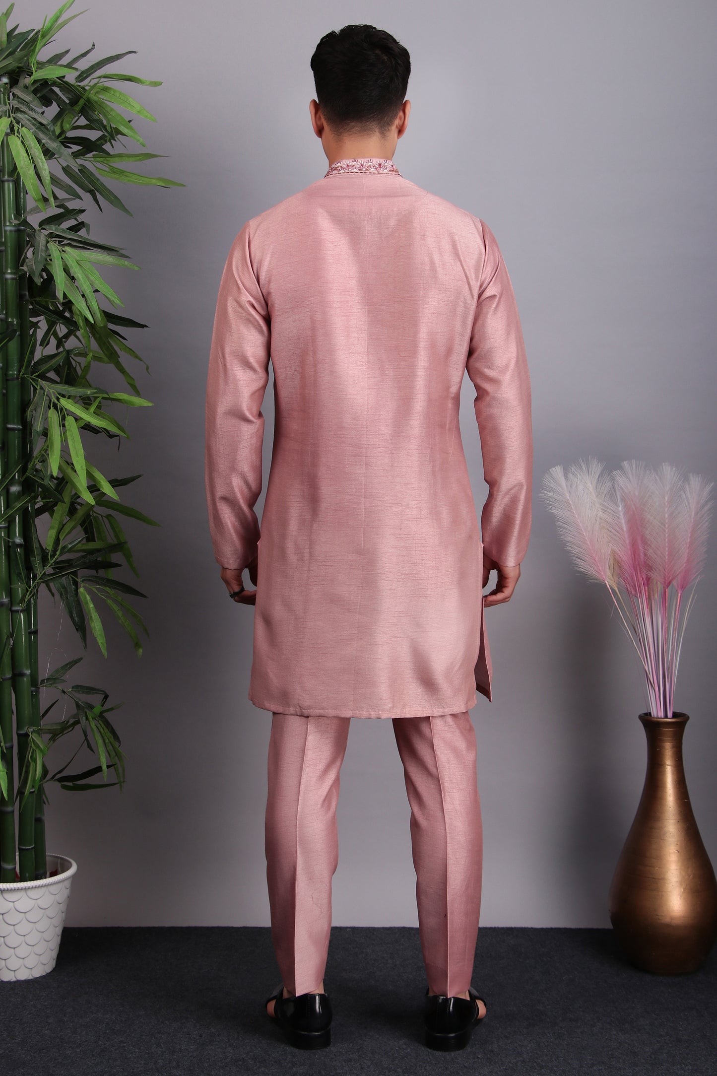 Side view - Men’s Kurta Set – Silk in Pink with Silk Thread Hand Embroidery