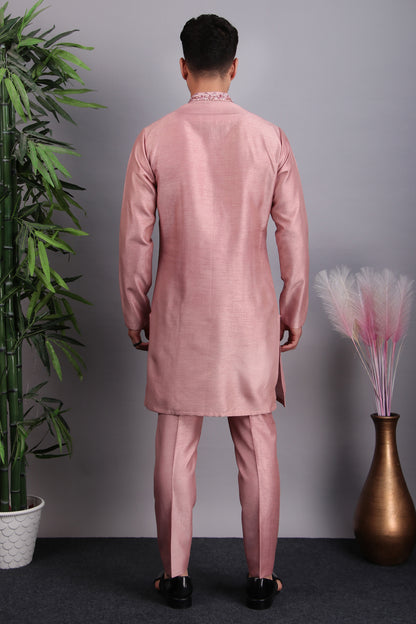 Men’s Kurta Set – Silk in Pink with Silk Thread Hand Embroidery | One Man Show