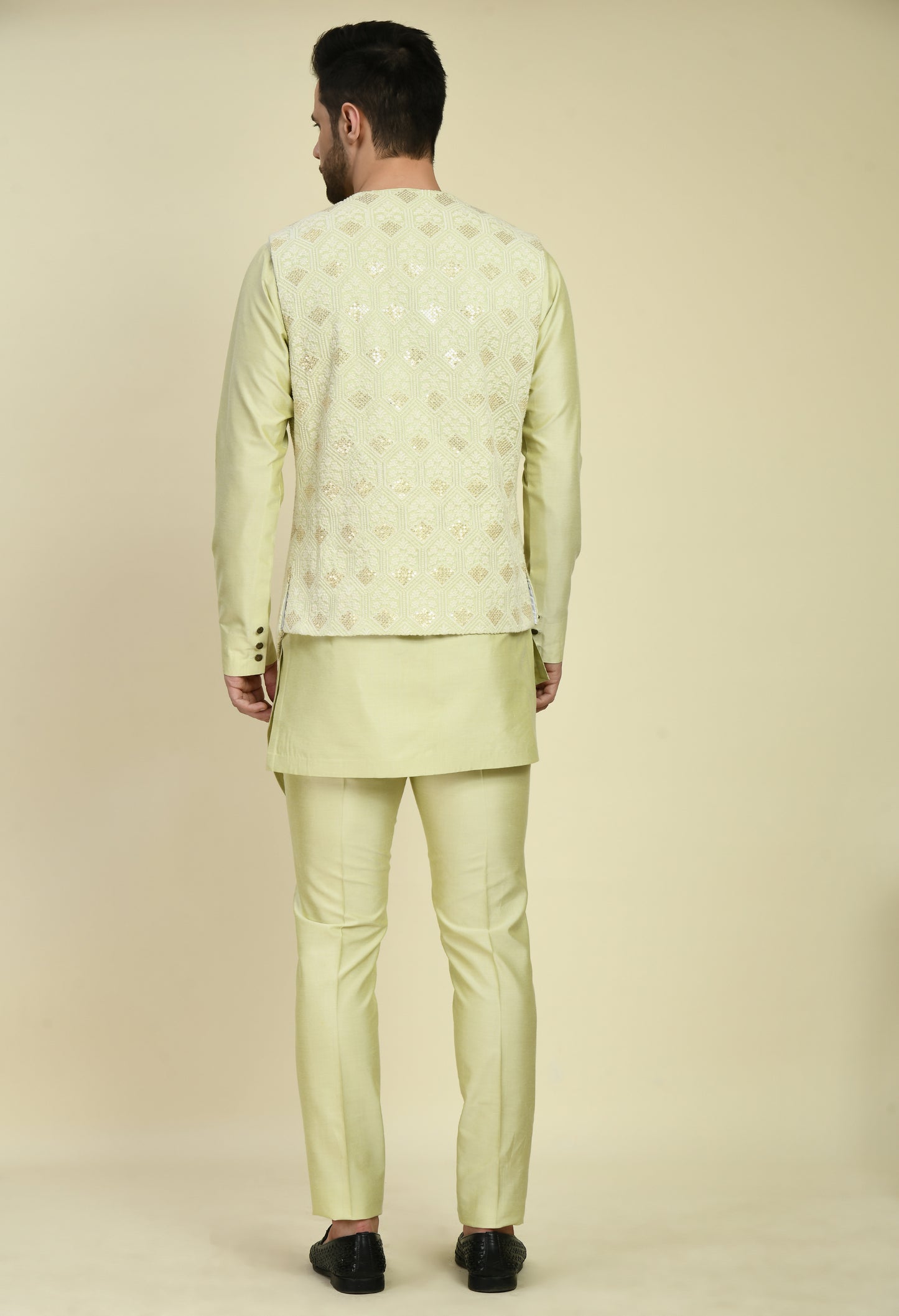 Detail view 4 - Men’s Nehru Jacket – Silk in Green with Designer Vest Silk Thread Embroidery