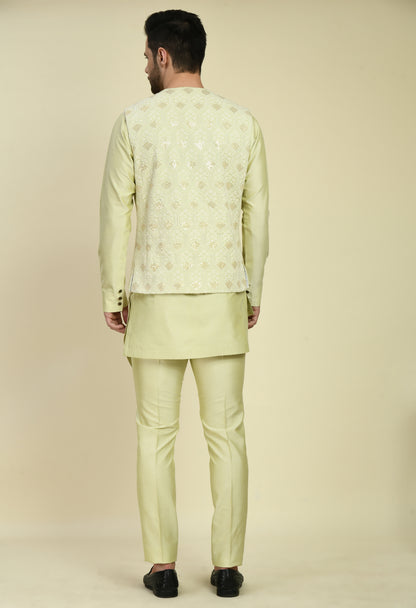 Men’s Nehru Jacket – Silk in Green with Designer Vest Silk Thread Embroidery | One Man Show