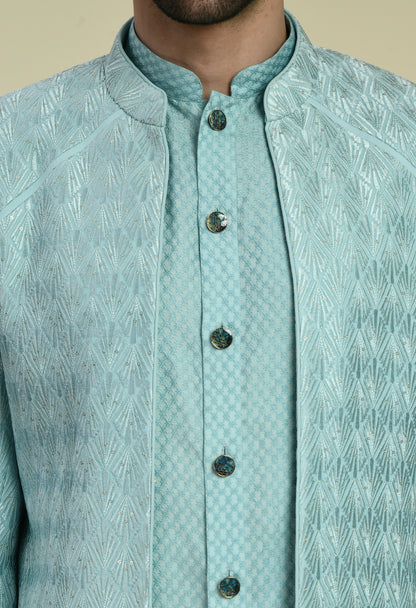 Men’s Indo-Western – Silk Georgette in Blue with Thread Embroidery | One Man Show