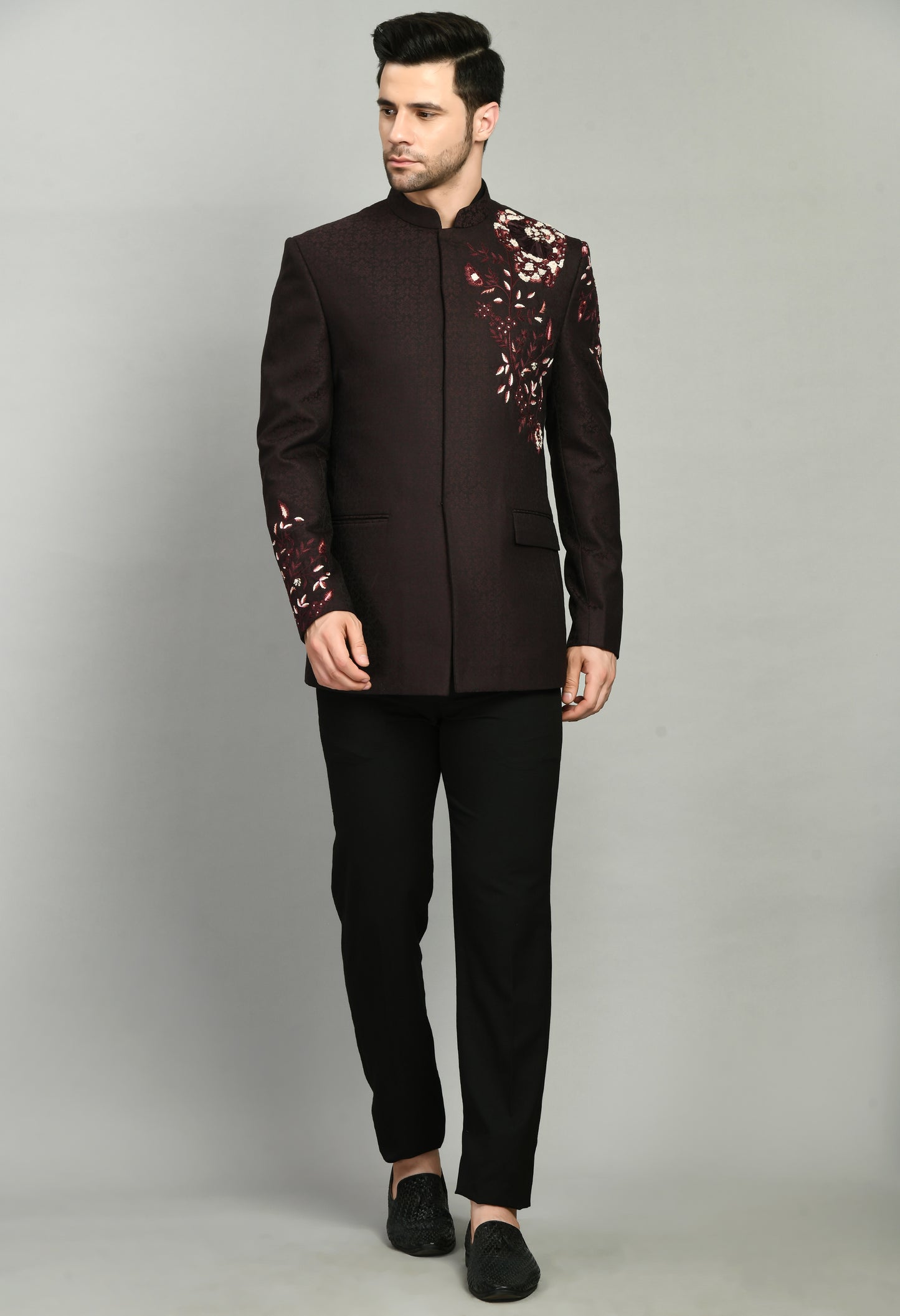 Front view - Men’s Bandhgala – Jaquard Suiting in Wine with Shoulder Embroidery