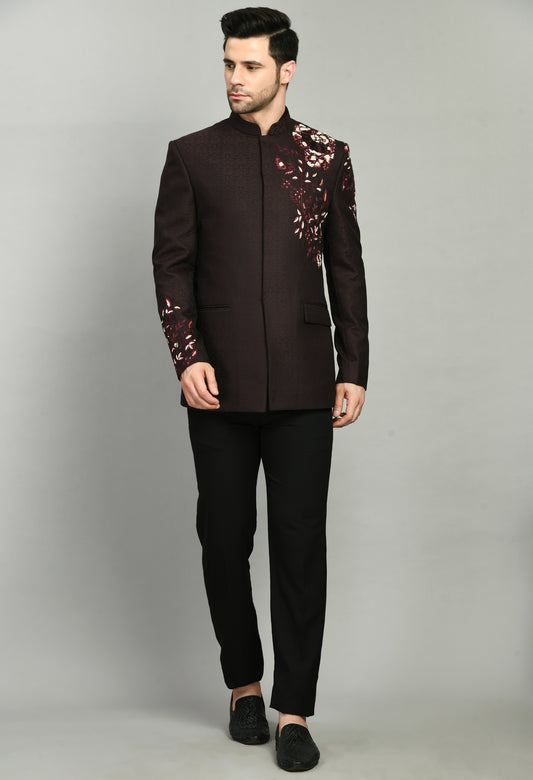 Men’s Bandhgala – Jaquard Suiting in Wine with Shoulder Embroidery | One Man Show