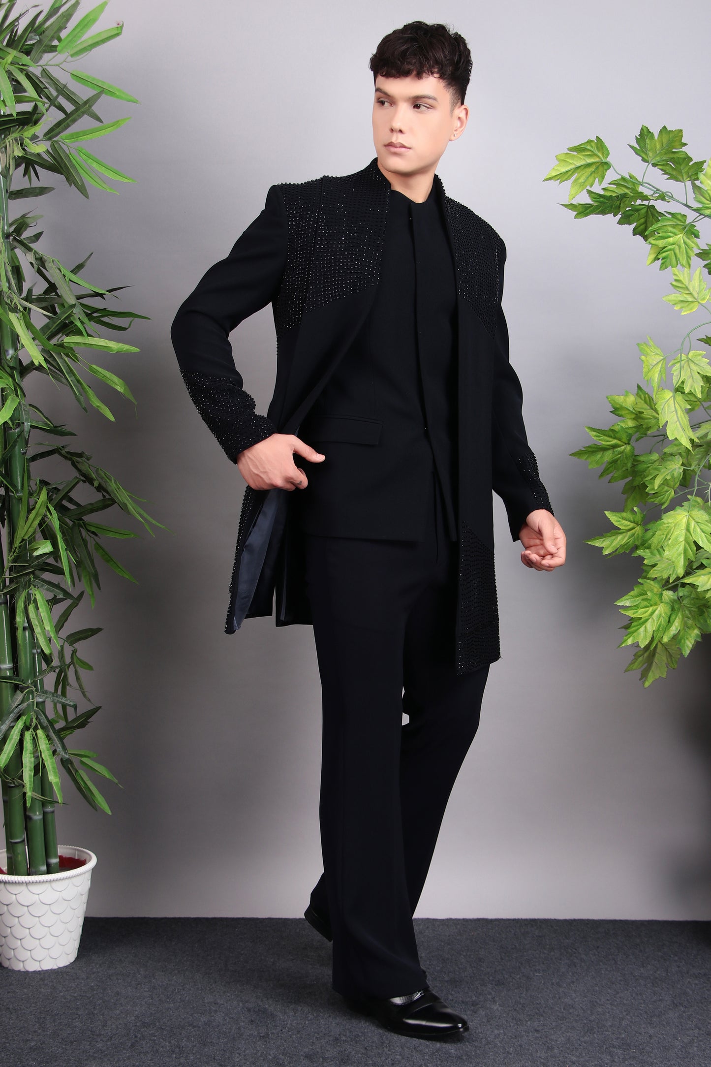 Side view - Men’s Indo-Western – Japanese Lycra in Midnight Blue with Beads and Stones Embroidery