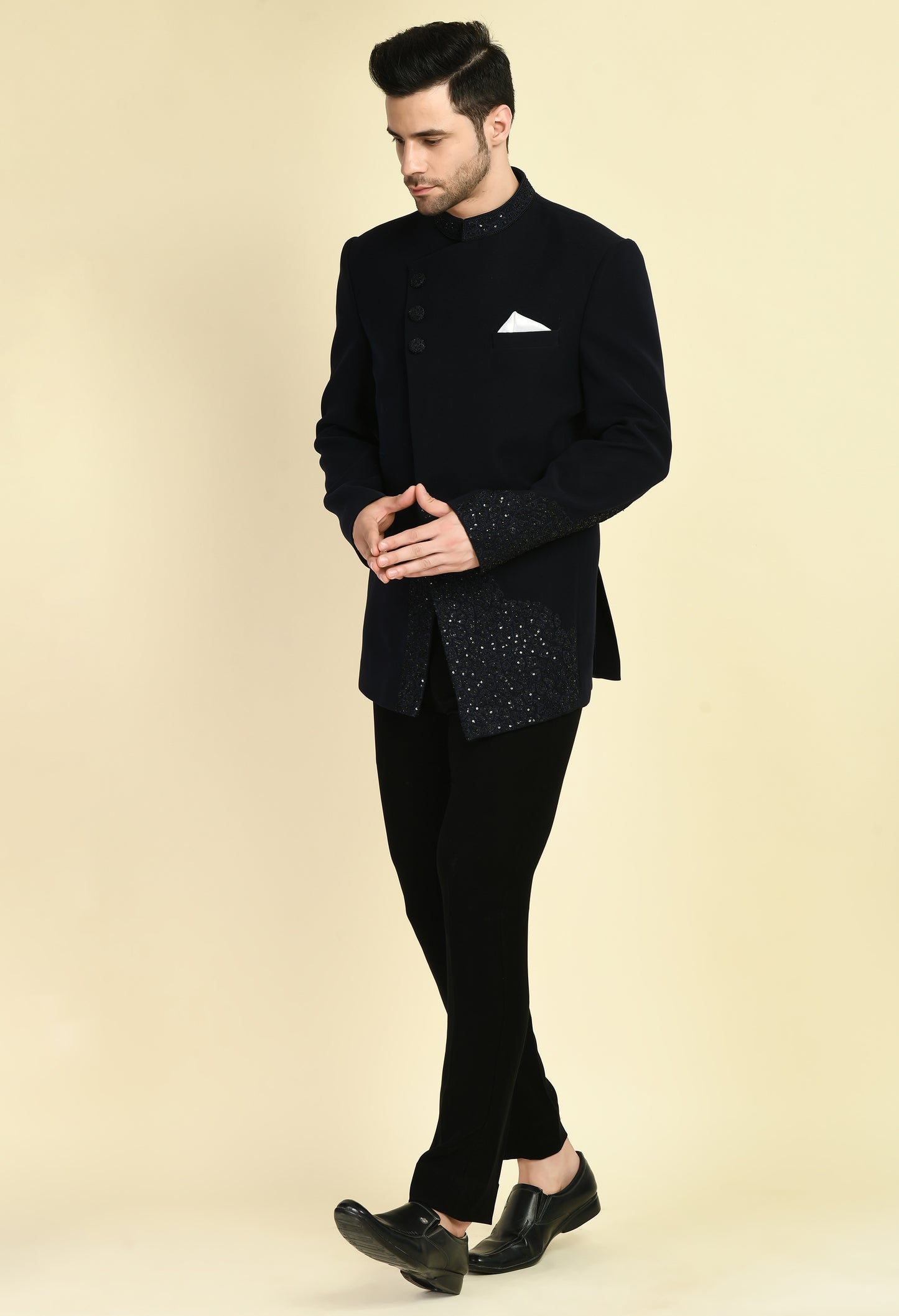 Front view - Men’s Bandhgala – Japanese Lycra in Black with Angrakha Front and Abstract Embroidery