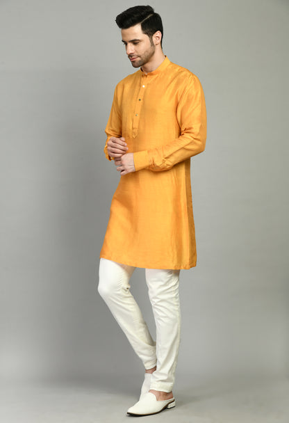 Men’s Nehru Jacket – Silk Moga in Yellow with Silk Thread Floral Embroidery | One Man Show