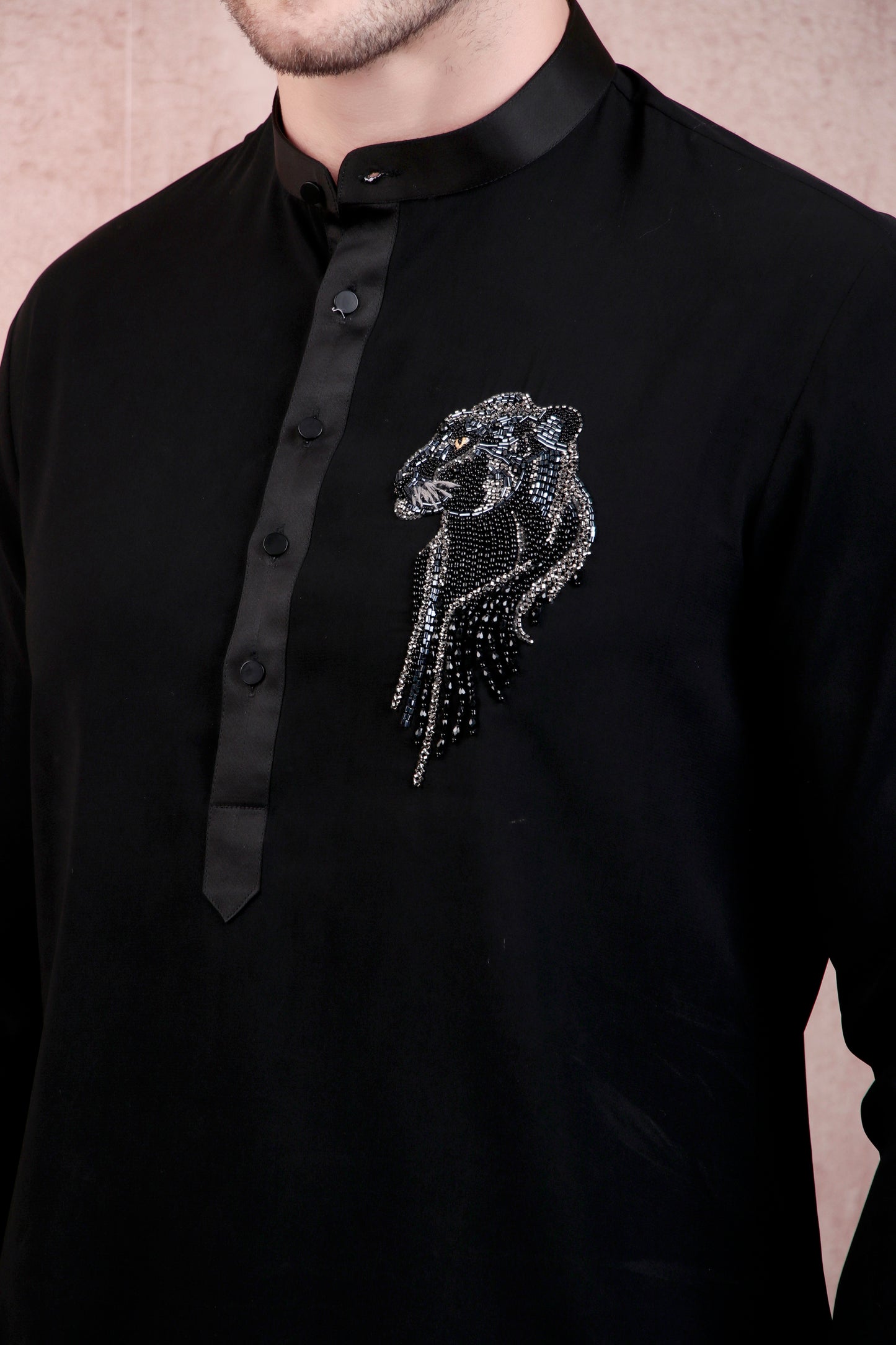Back view - Men’s Kurta Set – Japanese Lycra in Black with Panther Motif Hand Embroidery