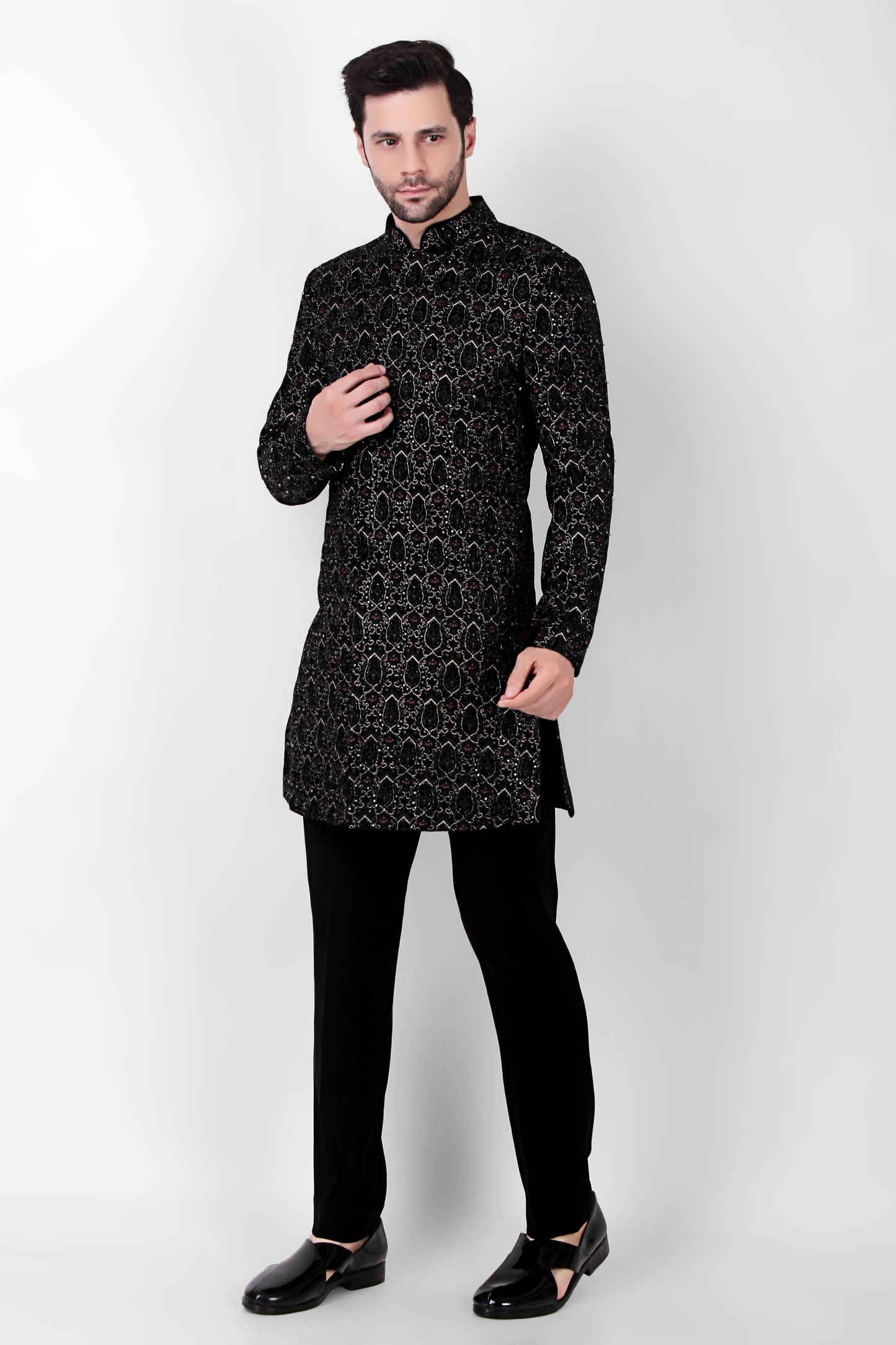 Detail view 1 - Men’s Indo-Western – Velvet in Multi Color with Geometric Silk Thread Embroidery