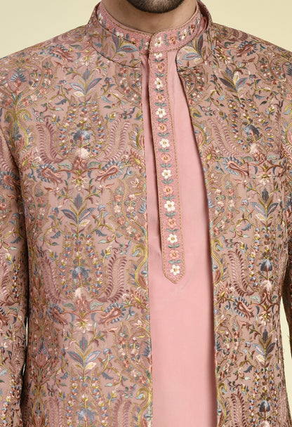 Men’s Indo-Western – Silk Georgette in Pink with Floral Multi Thread Embroidery | One Man Show