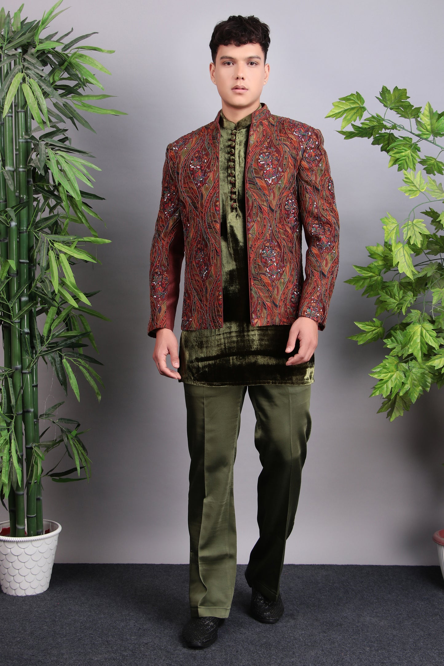 Front view - Men’s Indo-Western – Velvet Embroidered Fabric in Green with Multi Colored Floral Embroidery