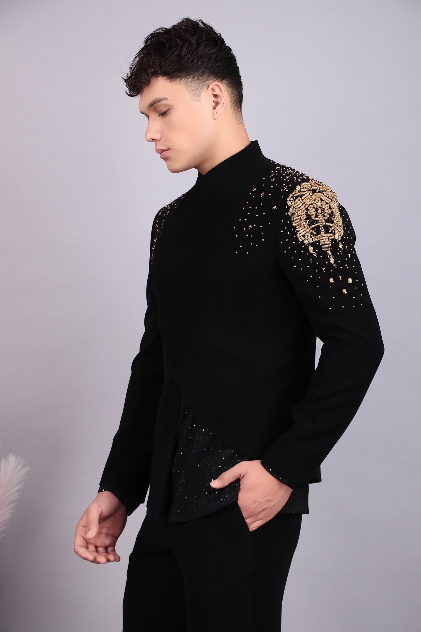 Detail view 1 - Men’s Bandhgala – Japanese Lycra in Black with Hand Embroidery in Gold