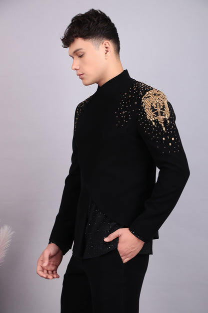 Men’s Bandhgala – Japanese Lycra in Black with Hand Embroidery in Gold | One Man Show