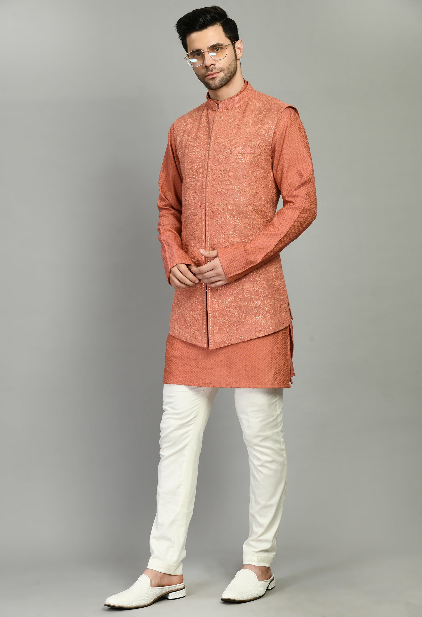 Detail view 2 - Men’s Nehru Jacket – Silk Georgette in Orange with Silk Thread and Sequins Embroidery