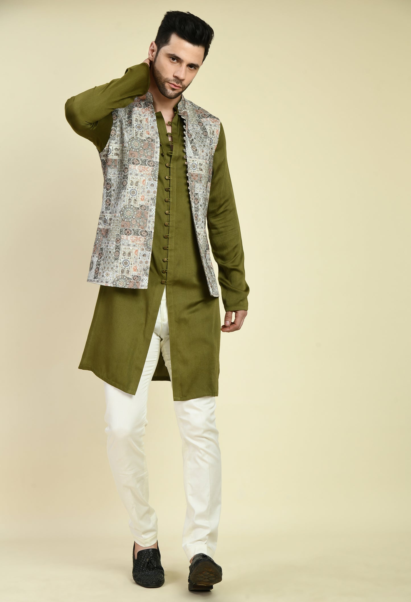 Front view - Men’s Nehru Jacket – Silk in Green with Silk Thread Embroidery