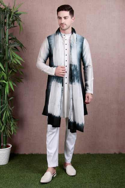 Men’s Kurta Set – Dola Silk in Ivory-Black Ombré with Tie-Dye Detailing | One Man Show