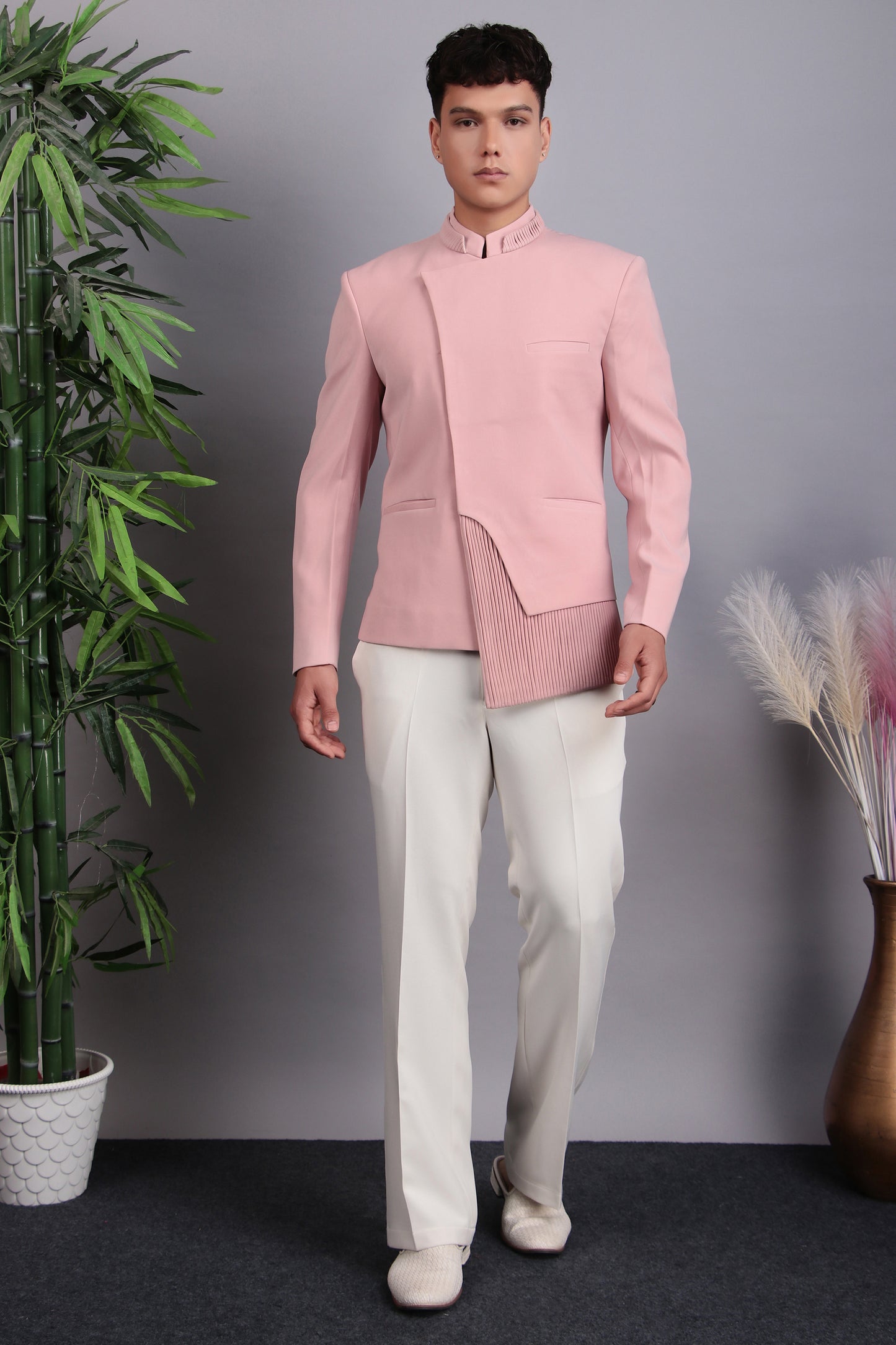 Front view - Men’s Bandhgala – Japanese Lycra in Pink with Modern Abstract Cut