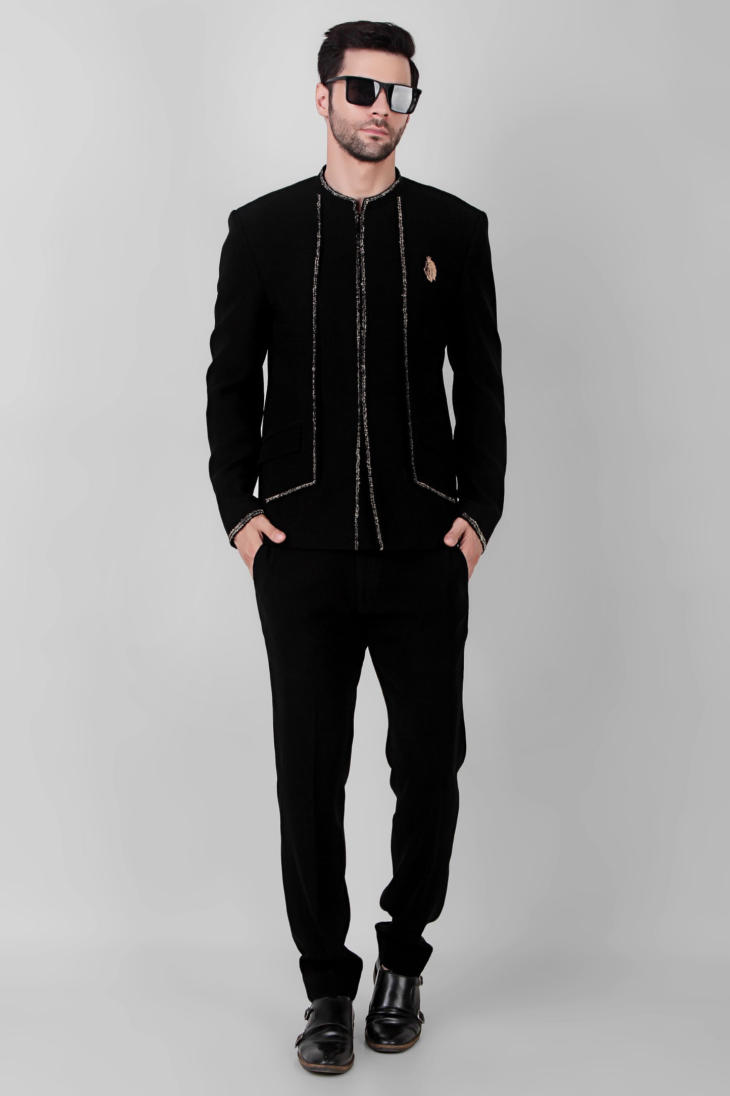 Detail view 1 - Men’s Bandhgala – Japanese Lycra in Black with Minimal Zari Embroidery