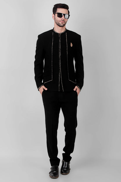 Men’s Bandhgala – Japanese Lycra in Black with Minimal Zari Embroidery | One Man Show