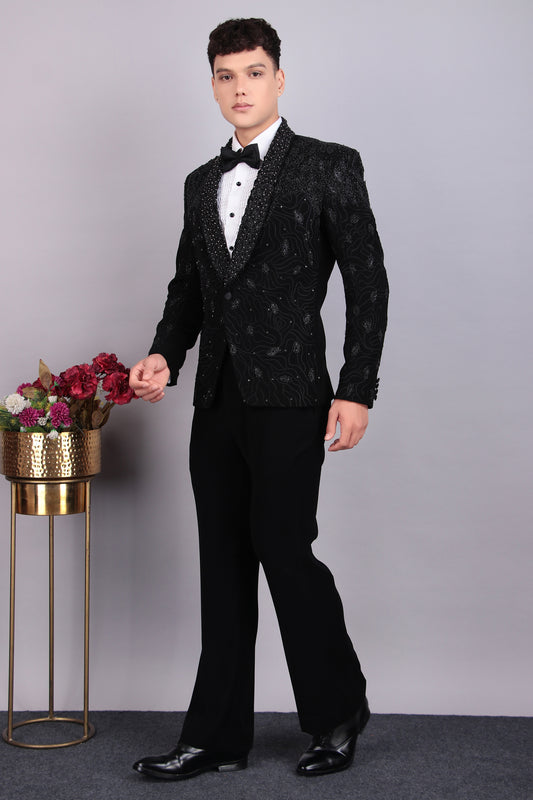 Front view - Men’s Tuxedo – Japanese Lycra in Black with Embroidery and Leather Applique