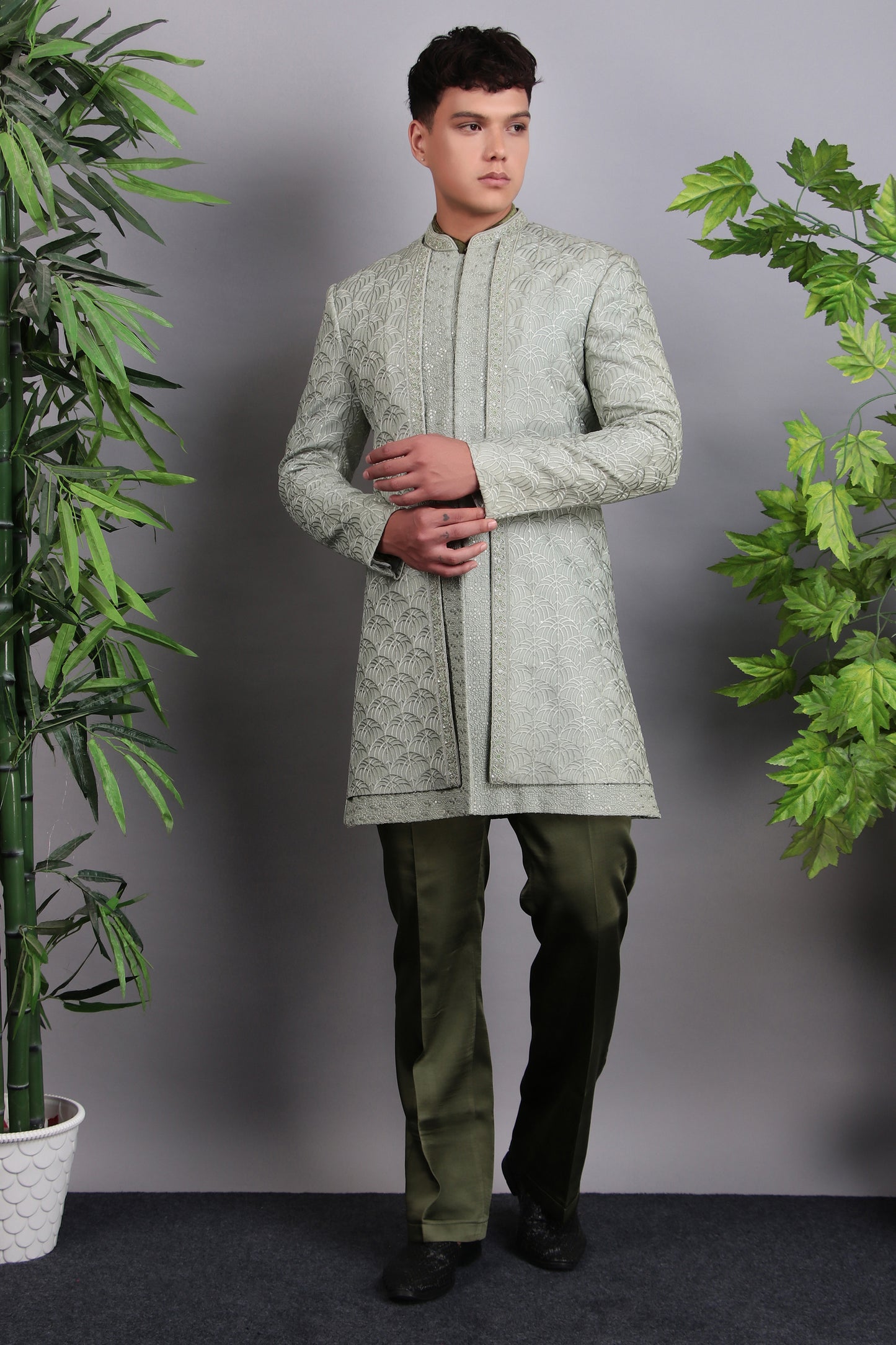 Back view - Men’s Indo-Western – Georgette Embroidered in Green with Hand Embroidery