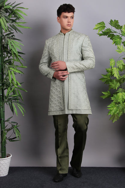 Men’s Indo-Western – Georgette Embroidered in Green with Hand Embroidery | One Man Show