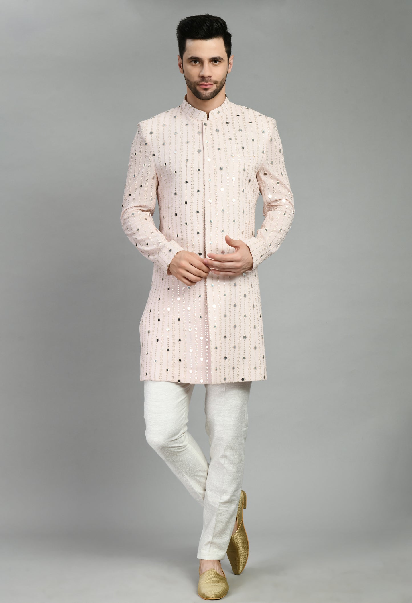 Front view - Men’s Indo-Western – Silk Georgette in Pink with Mirror Work Embroidery
