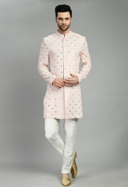 Men’s Indo-Western – Silk Georgette in Pink with Mirror Work Embroidery | One Man Show