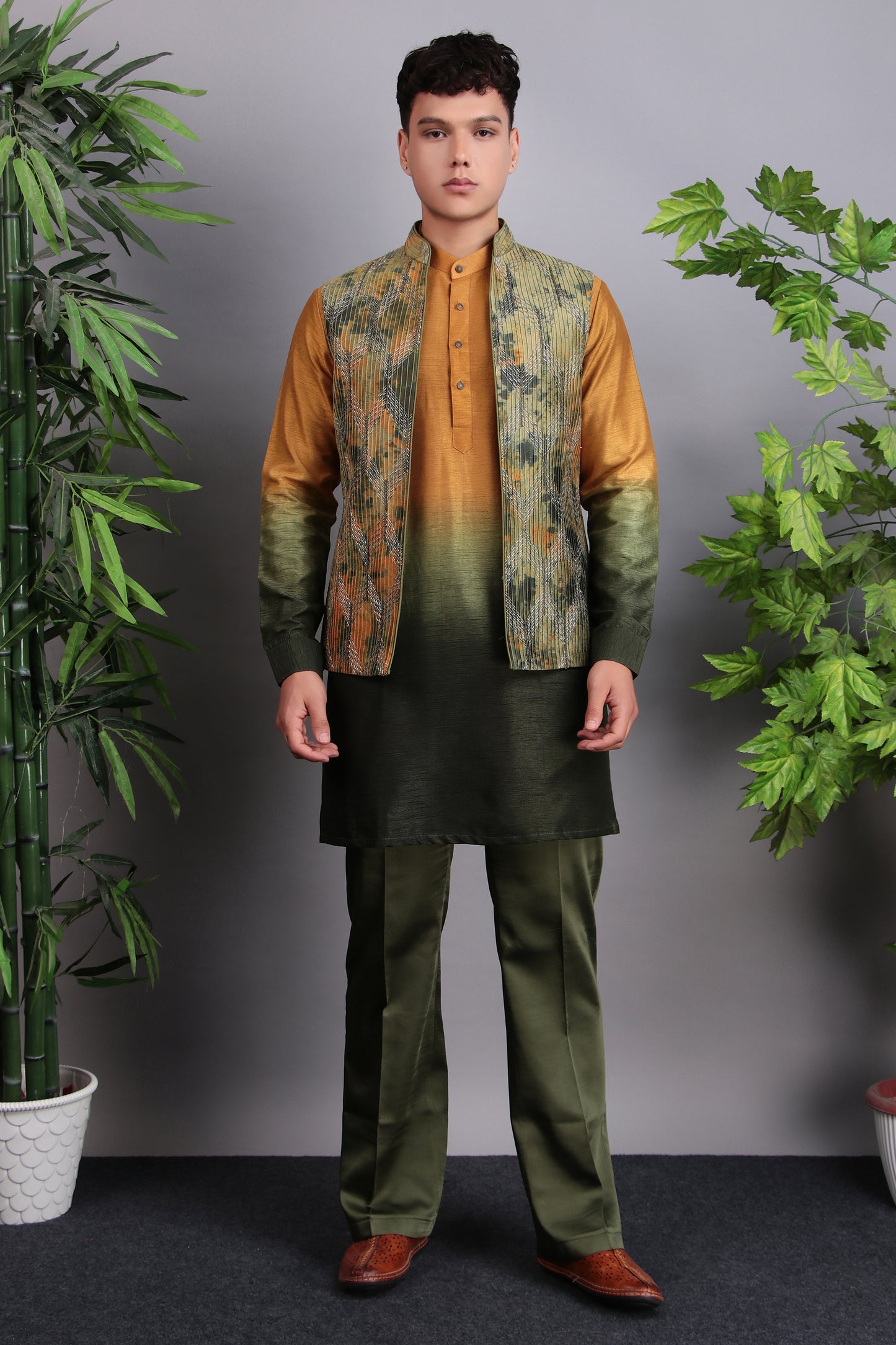 Side view - Men’s Nehru Jacket – Viscose Silk in Green and Yellow with Ombre Dye and Hand Embroidery