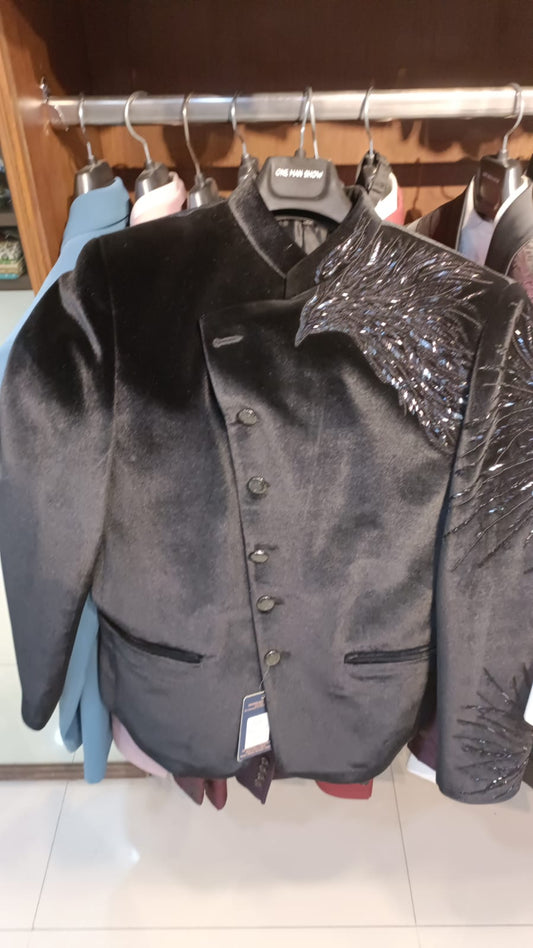 Men’s Bandhgala – Velvet in Black with Angrakha Front & Glass Embroidery | One Man Show