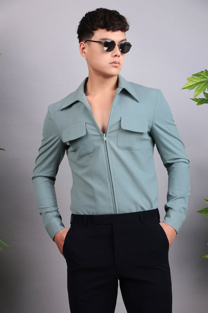 Men’s Suit – Suiting Lycra in Green with Hunter Shirt and Hand Stitchwork | One Man Show