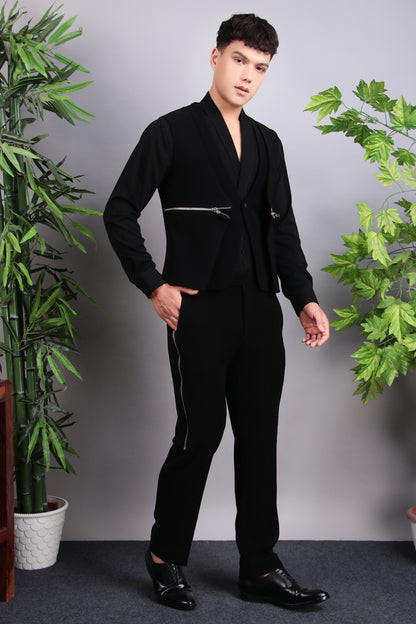 Men’s Tuxedo – Japanese Lycra in Black with Modern Front Zipper Jacket | One Man Show