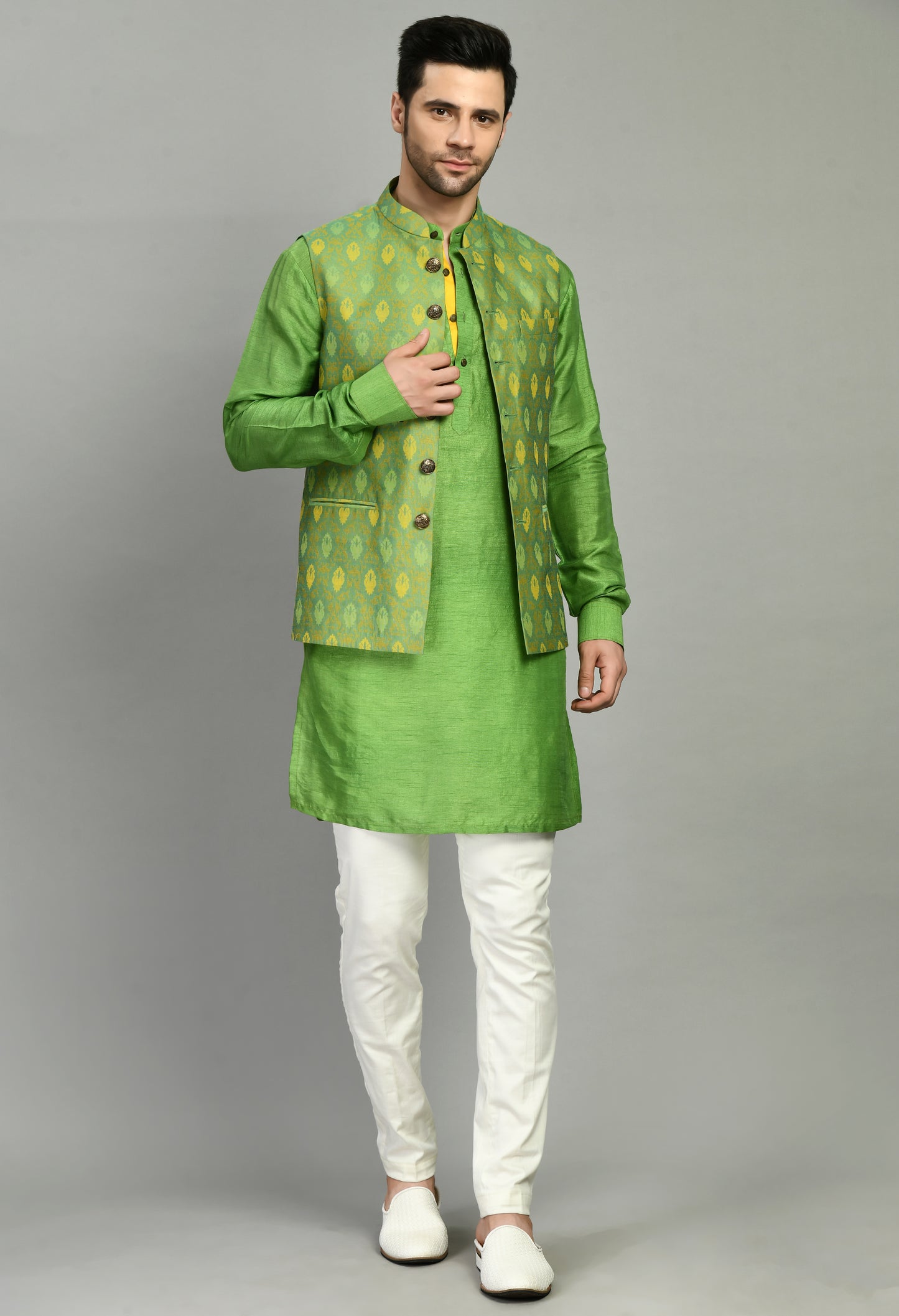 Back view - Men’s Nehru Jacket – Silk Jaquard in Green with Front Open Design