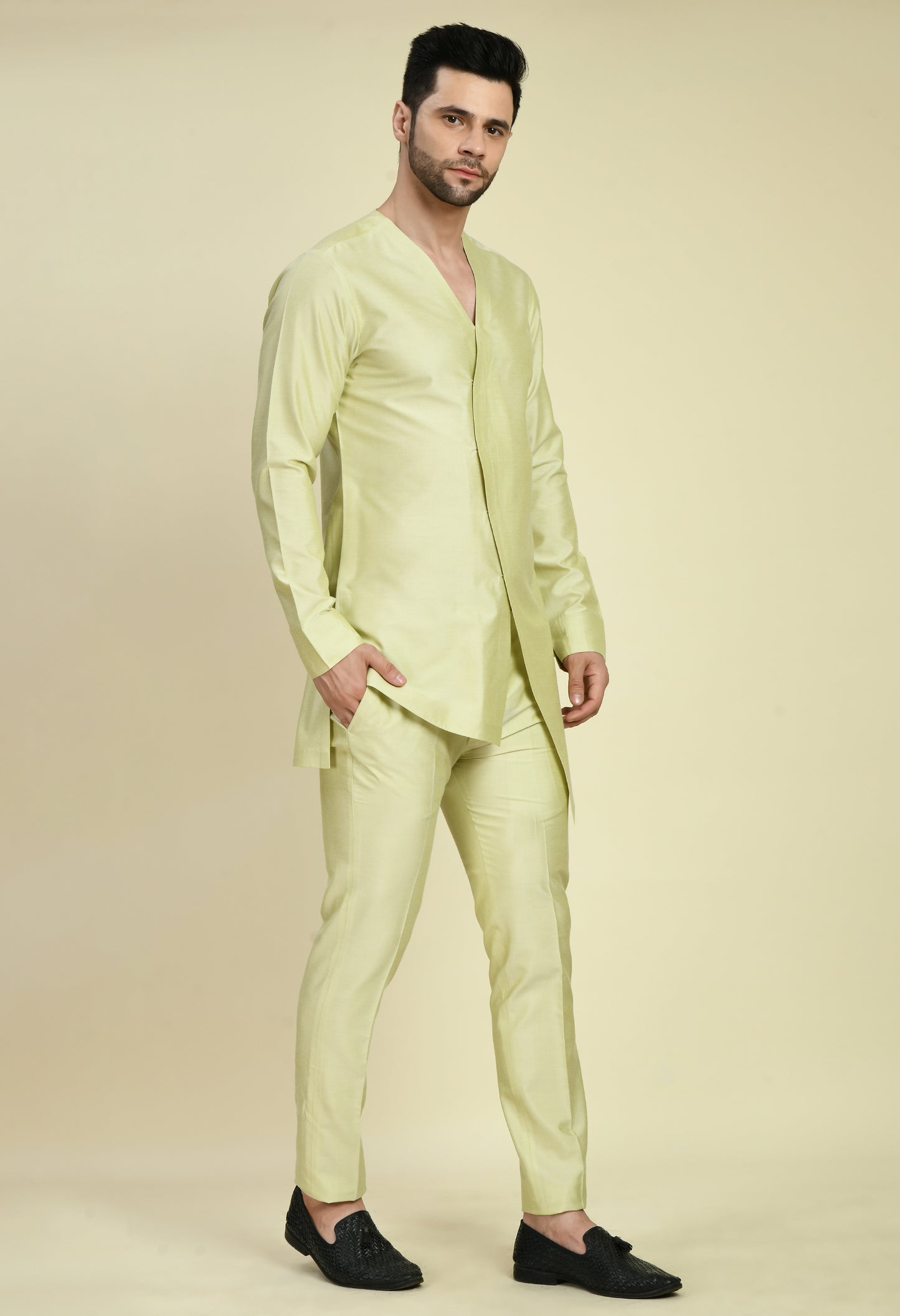 Back view - Men’s Nehru Jacket – Silk in Green with Designer Vest Silk Thread Embroidery