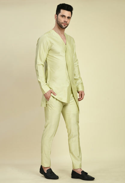 Men’s Nehru Jacket – Silk in Green with Designer Vest Silk Thread Embroidery | One Man Show