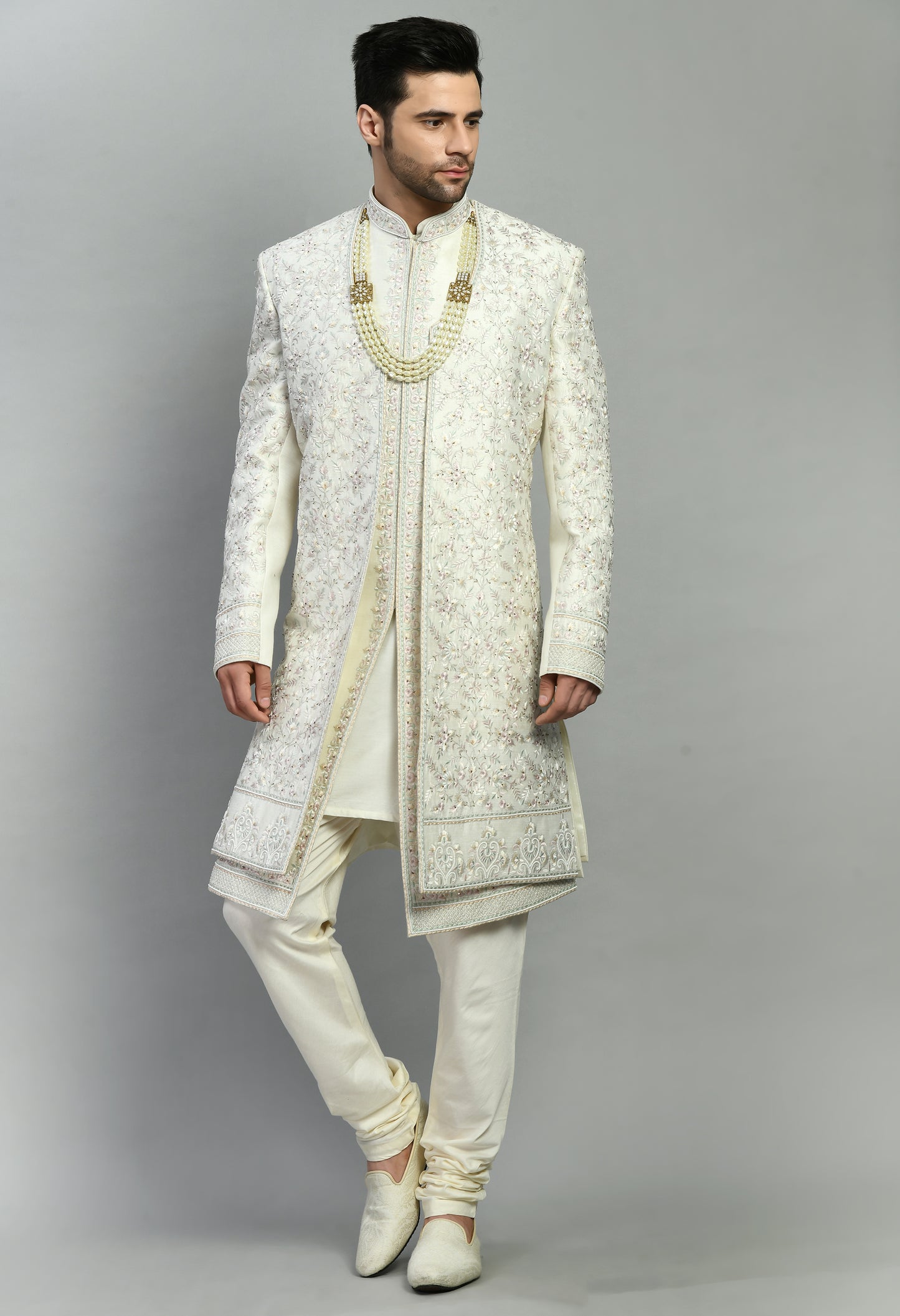 Front view - Men’s Sherwani – Silk in Ivory with Detailed Hand Embroidery Allover
