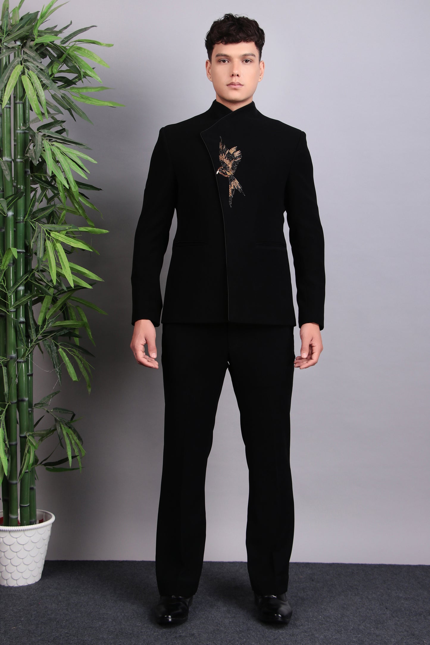Front view - Men’s Bandhgala – Japanese Lycra in Black with Assymetric Front Cut and Bird Motif Embroidery