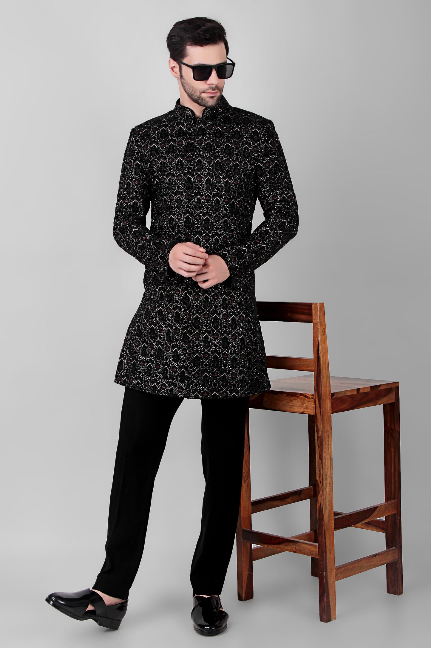 Front view - Men’s Indo-Western – Velvet in Multi Color with Geometric Silk Thread Embroidery