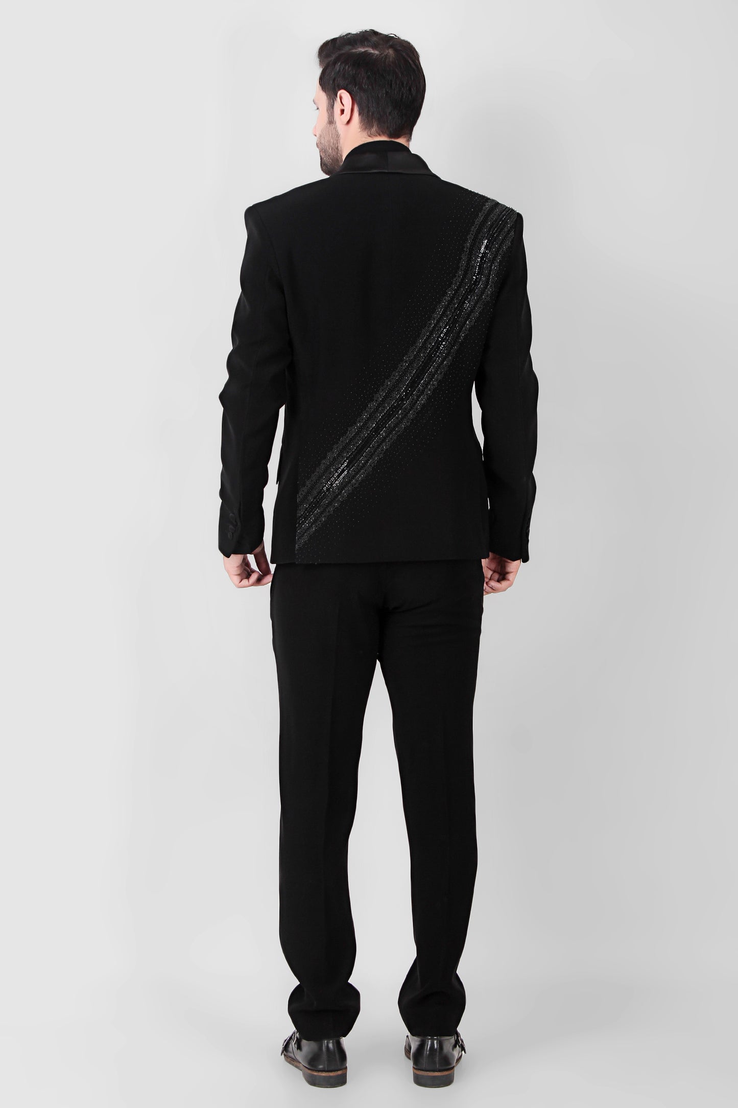 Side view - Men’s Tuxedo – Japanese Lycra in Black with Directional Embroidery