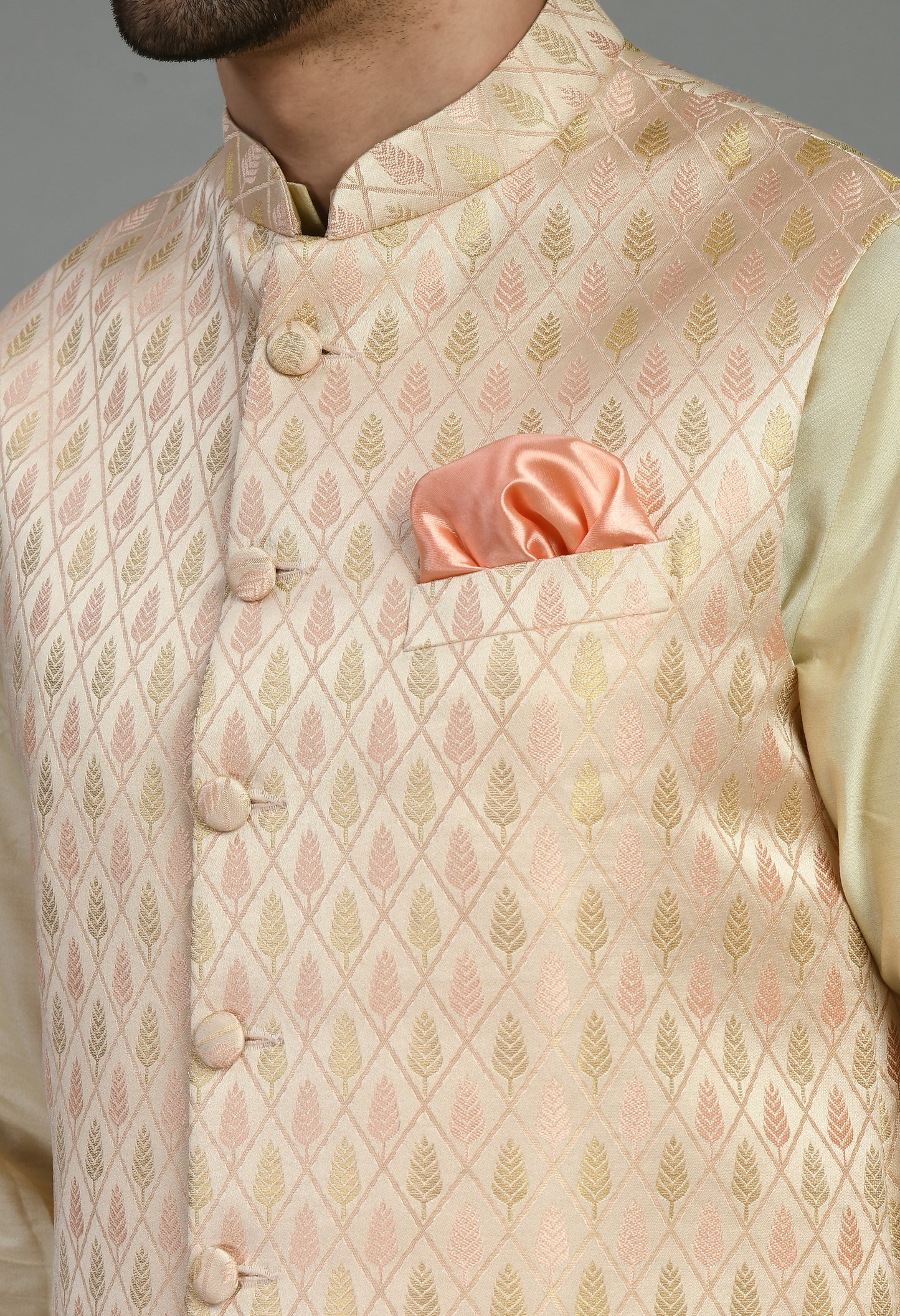 Detail view 1 - Men’s Nehru Jacket – Silk in Pink with Silk Jaquard