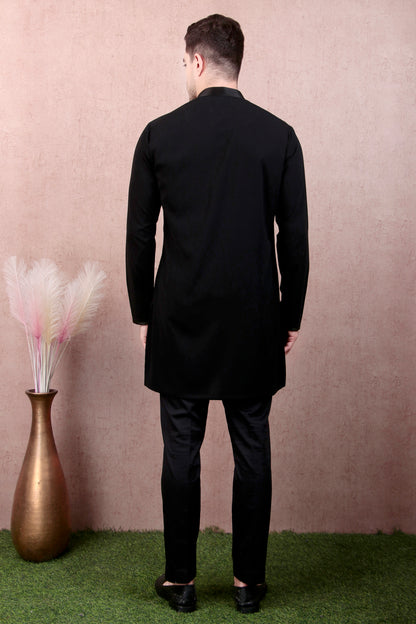 Men’s Kurta Set – Japanese Lycra in Black with Eagle Motif Hand Embroidery | One Man Show
