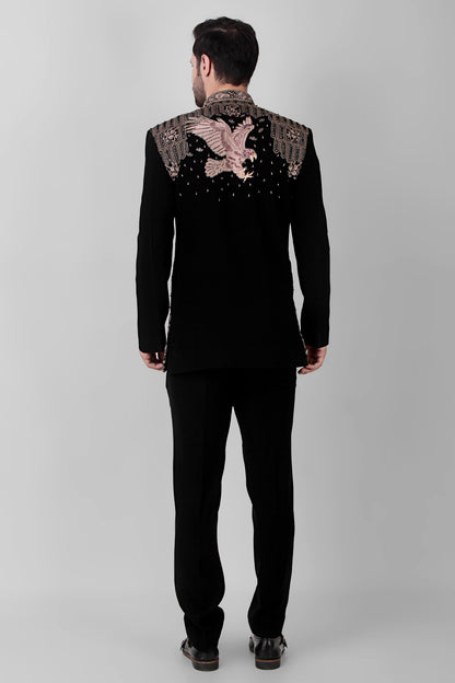 Men’s Bandhgala – Japanese Lycra in Black with Royal Palace Theme Embroidery | One Man Show