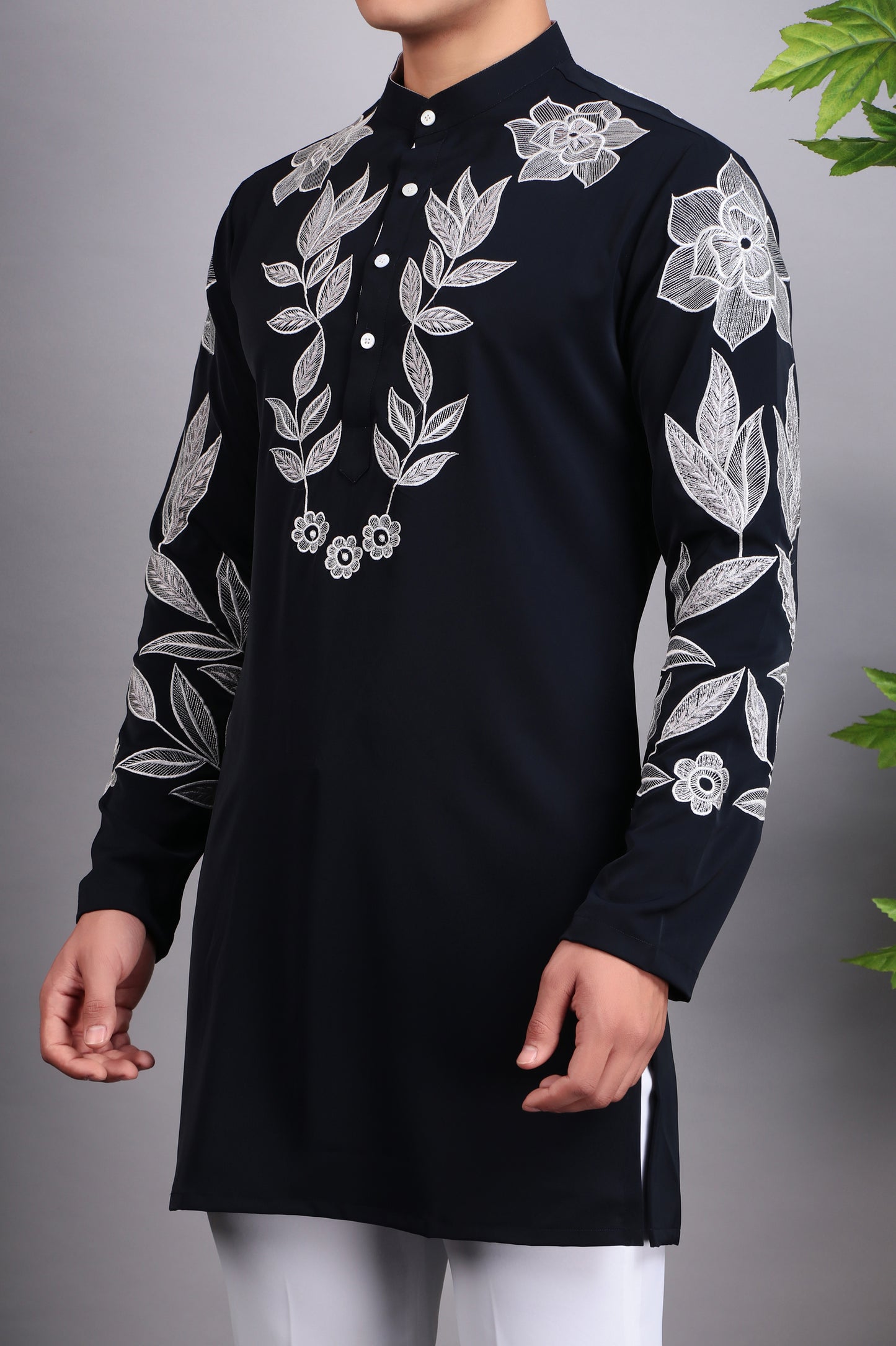 Detail view 3 - Men’s Kurta Set – Korean Wrinkle Free in Navy Blue with Silk Thread Embroidery