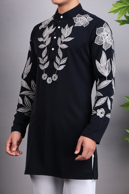 Men’s Kurta Set – Korean Wrinkle Free in Navy Blue with Silk Thread Embroidery | One Man Show