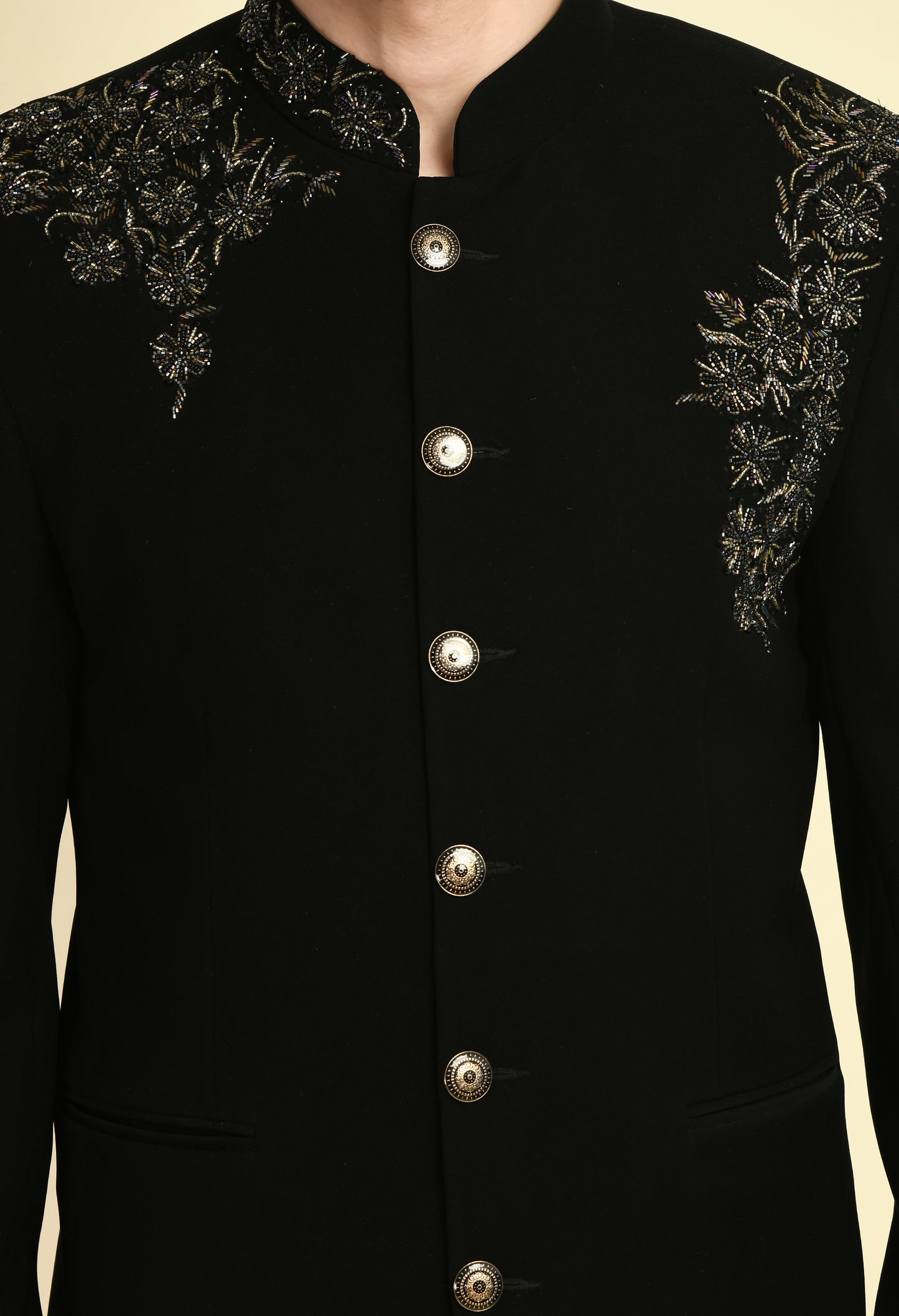 Detail view 1 - Men’s Bandhgala – Japanese Lycra in Black with Shoulder Placement Embroidery